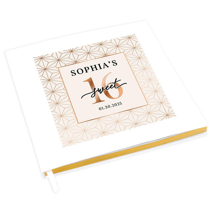 Custom Sweet 16 Guestbook with Gold Accents, Hard Cover Photo Album, Set of 1-Set of 1-Andaz Press-Rose Gold Geometric.-