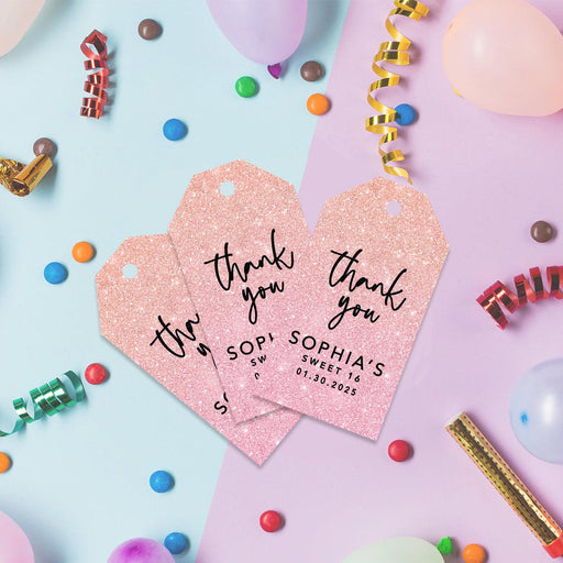 Custom Sweet 16 Thank You Favor Tags with String, Set of 60-Set of 60-Andaz Press-Blush Pink Glitter-