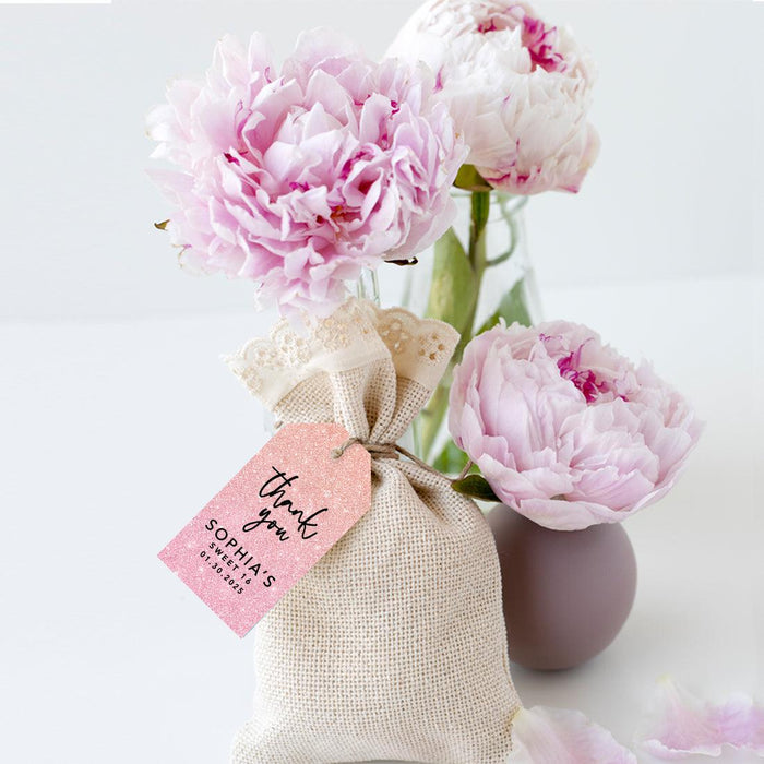 Custom Sweet 16 Thank You Favor Tags with String, Set of 60-Set of 60-Andaz Press-Blush Pink Glitter-