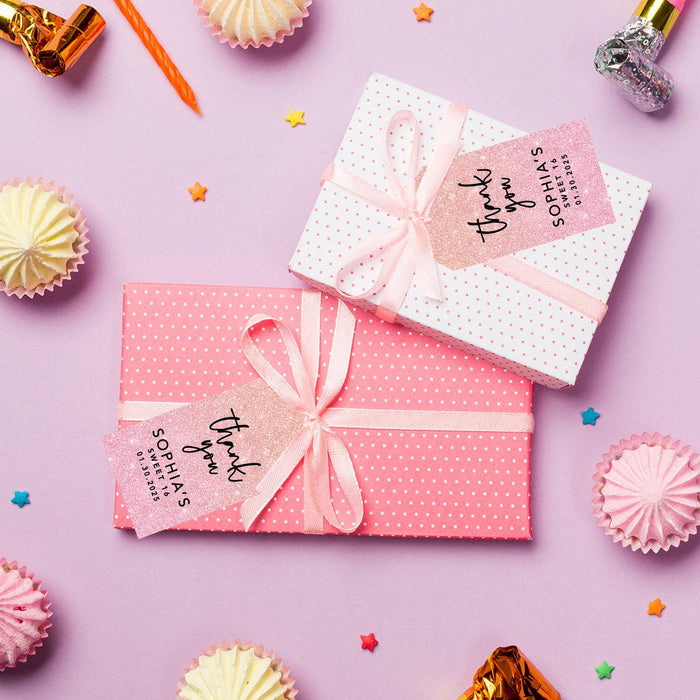 Custom Sweet 16 Thank You Favor Tags with String, Set of 60-Set of 60-Andaz Press-Blush Pink Glitter-