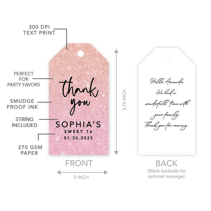 Custom Sweet 16 Thank You Favor Tags with String, Set of 60-Set of 60-Andaz Press-Blush Pink Glitter-