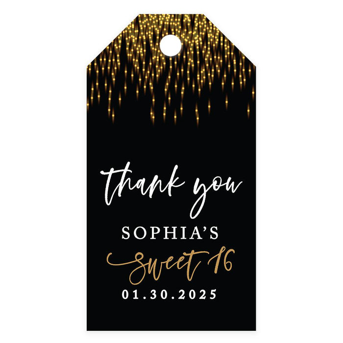 Custom Sweet 16 Thank You Favor Tags with String, Set of 60-Set of 60-Andaz Press-Black & Gold Lights-