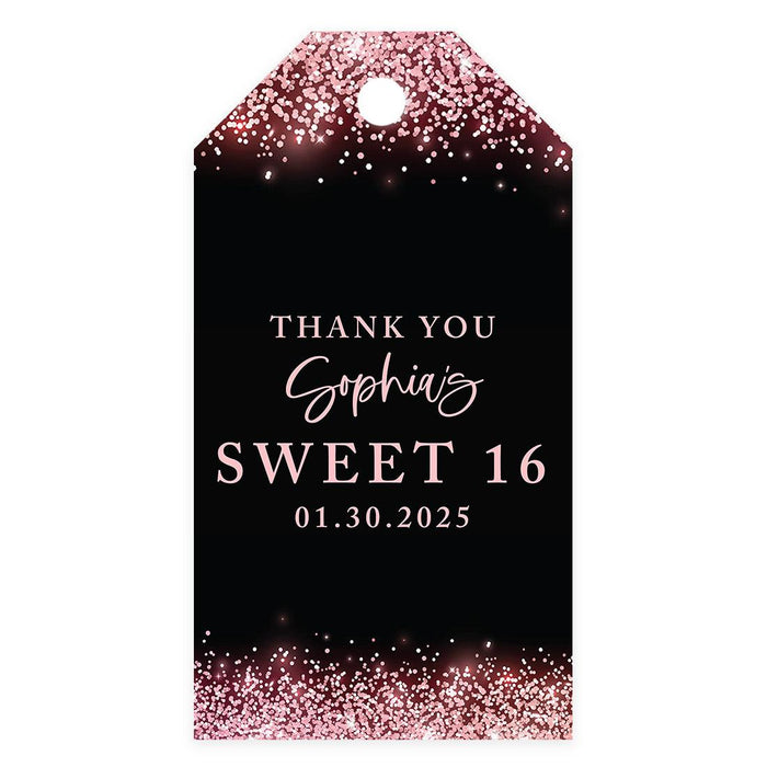 Custom Sweet 16 Thank You Favor Tags with String, Set of 60-Set of 60-Andaz Press-Black & Rose Gold Glitter-