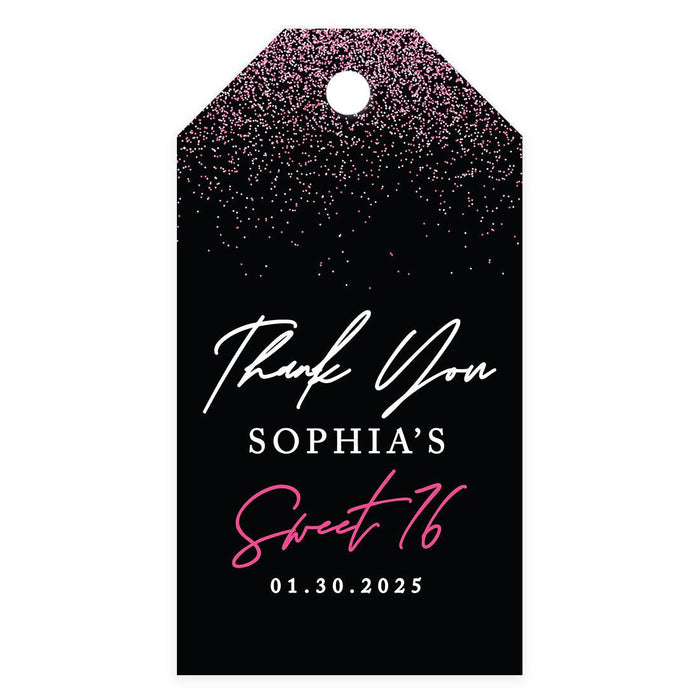 Custom Sweet 16 Thank You Favor Tags with String, Set of 60-Set of 60-Andaz Press-Black with Fuchsia Glitter-