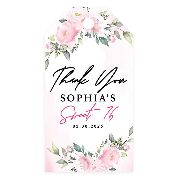 Custom Sweet 16 Thank You Favor Tags with String, Set of 60-Set of 60-Andaz Press-Blush Pink Florals-