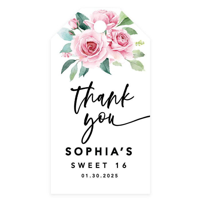 Custom Sweet 16 Thank You Favor Tags with String, Set of 60-Set of 60-Andaz Press-Blush Pink Roses-