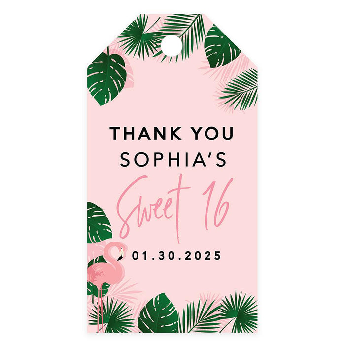 Custom Sweet 16 Thank You Favor Tags with String, Set of 60-Set of 60-Andaz Press-Flamingo Tropical Palms-