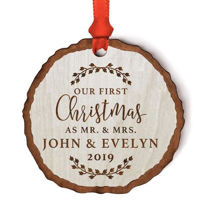 Custom Wedding Engagement Real Wood Rustic Farmhouse Christmas Ornament, Rustic Laurel Leaves-Set of 1-Andaz Press-Engaged-