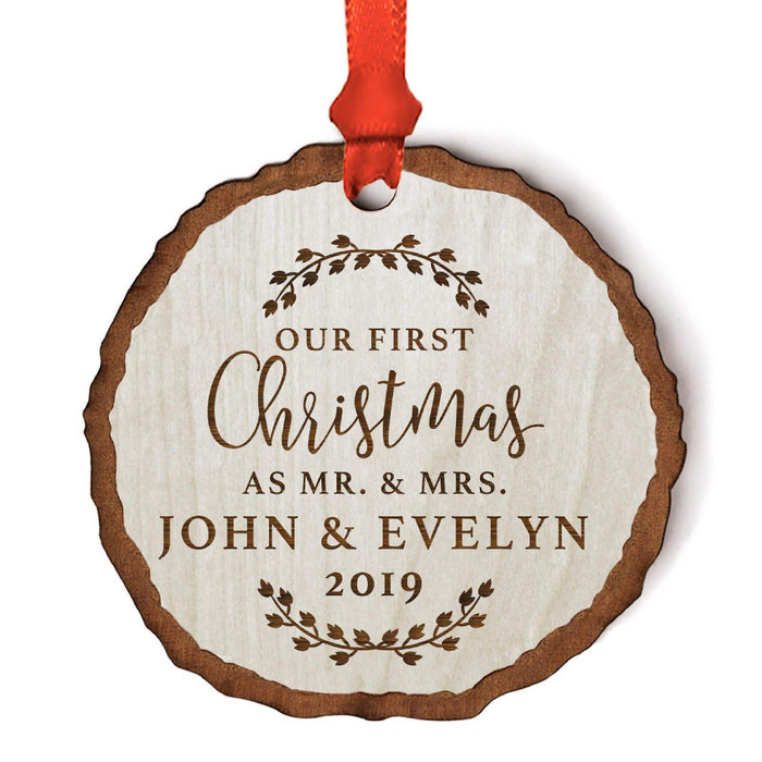 Custom Wedding Engagement Real Wood Rustic Farmhouse Christmas Ornament, Rustic Laurel Leaves-Set of 1-Andaz Press-Mr. & Mrs.-