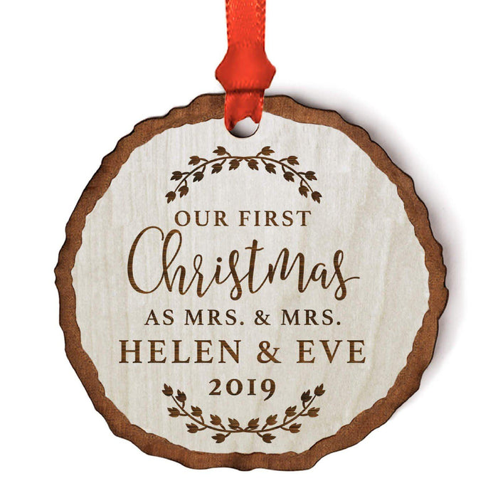 Custom Wedding Engagement Real Wood Rustic Farmhouse Christmas Ornament, Rustic Laurel Leaves-Set of 1-Andaz Press-Mrs. & Mrs.-