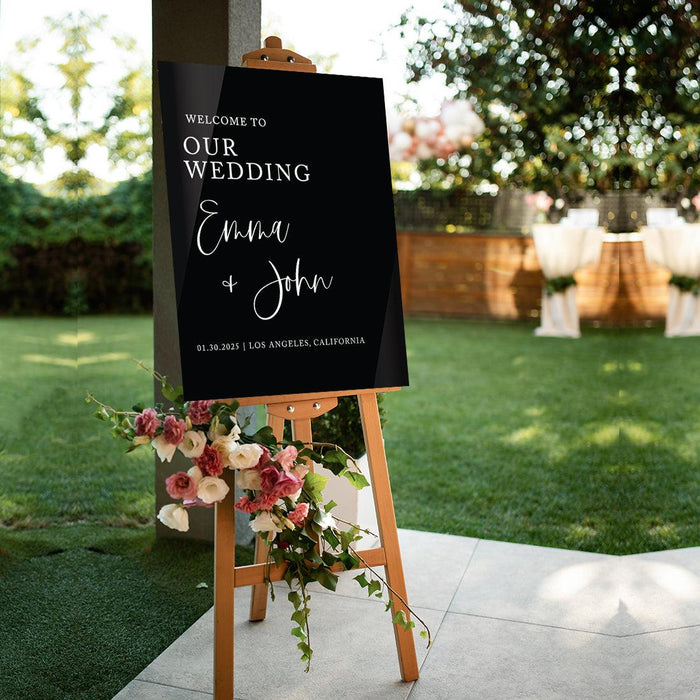 Custom Wedding Welcome Sign, Elegant Black Acrylic Design for Reception and Ceremony, 16'' x 20''-Set of 1-Andaz Press-Modern-