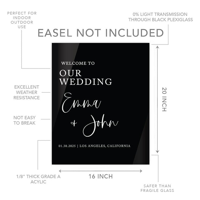 Custom Wedding Welcome Sign, Elegant Black Acrylic Design for Reception and Ceremony, 16'' x 20''-Set of 1-Andaz Press-Modern-