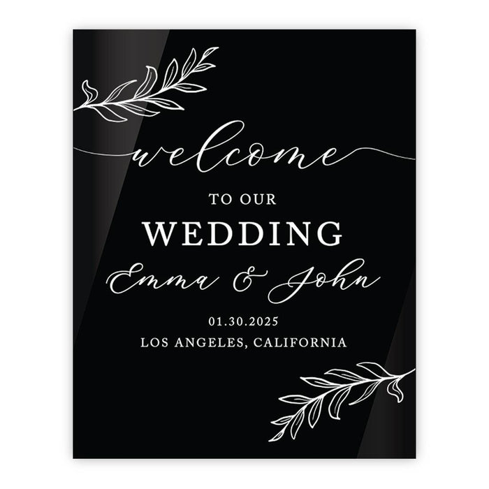 Custom Wedding Welcome Sign, Elegant Black Acrylic Design for Reception and Ceremony, 16'' x 20''-Set of 1-Andaz Press-Classic Laurel Leaves-