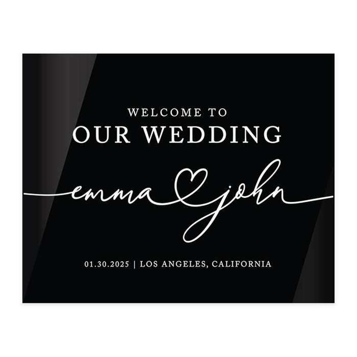 Custom Wedding Welcome Sign, Elegant Black Acrylic Design for Reception and Ceremony, 16'' x 20''-Set of 1-Andaz Press-Heart Names-