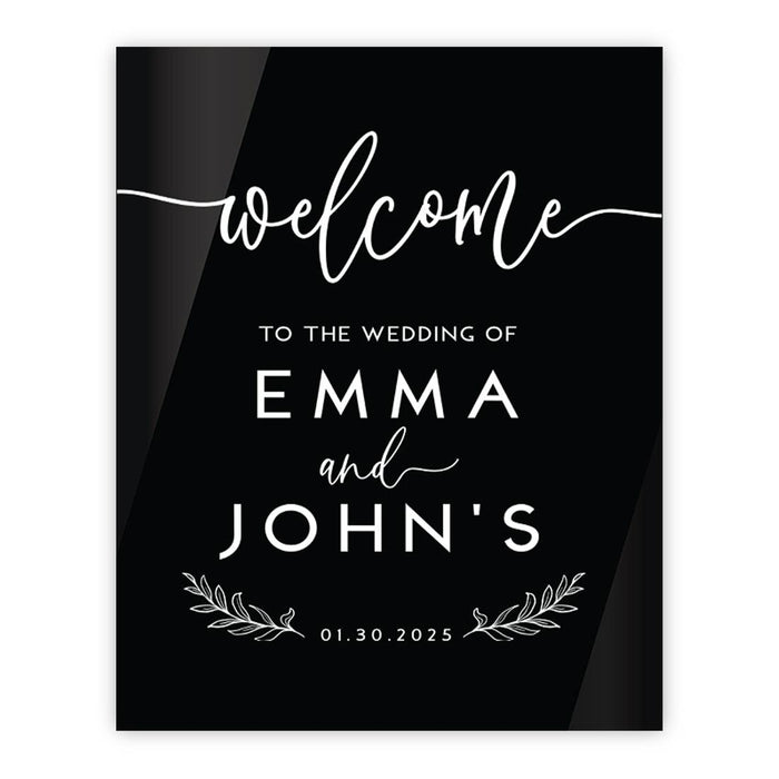 Custom Wedding Welcome Sign, Elegant Black Acrylic Design for Reception and Ceremony, 16'' x 20''-Set of 1-Andaz Press-Rustic Laurel Leaves-