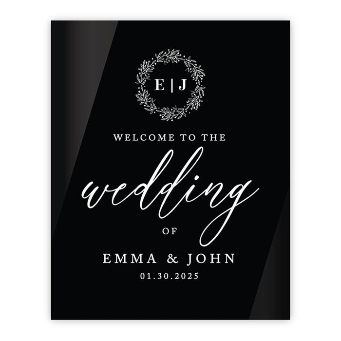 Custom Wedding Welcome Sign, Elegant Black Acrylic Design for Reception and Ceremony, 16'' x 20''-Set of 1-Andaz Press-Rustic Monogram Wreath-