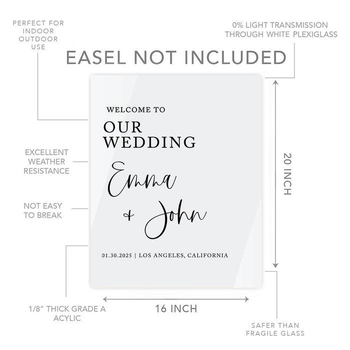 Custom Wedding Welcome Sign, Elegant White Acrylic for Reception and Ceremony, 16'' x 20'', Set of 1-Set of 1-Andaz Press-Modern-