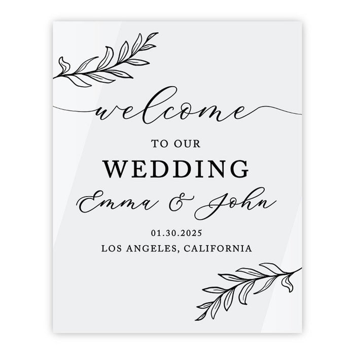 Custom Wedding Welcome Sign, Elegant White Acrylic for Reception and Ceremony, 16'' x 20'', Set of 1-Set of 1-Andaz Press-Classic Laurel Leaves-