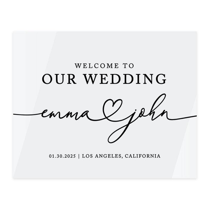 Custom Wedding Welcome Sign, Elegant White Acrylic for Reception and Ceremony, 16'' x 20'', Set of 1-Set of 1-Andaz Press-Heart Names-