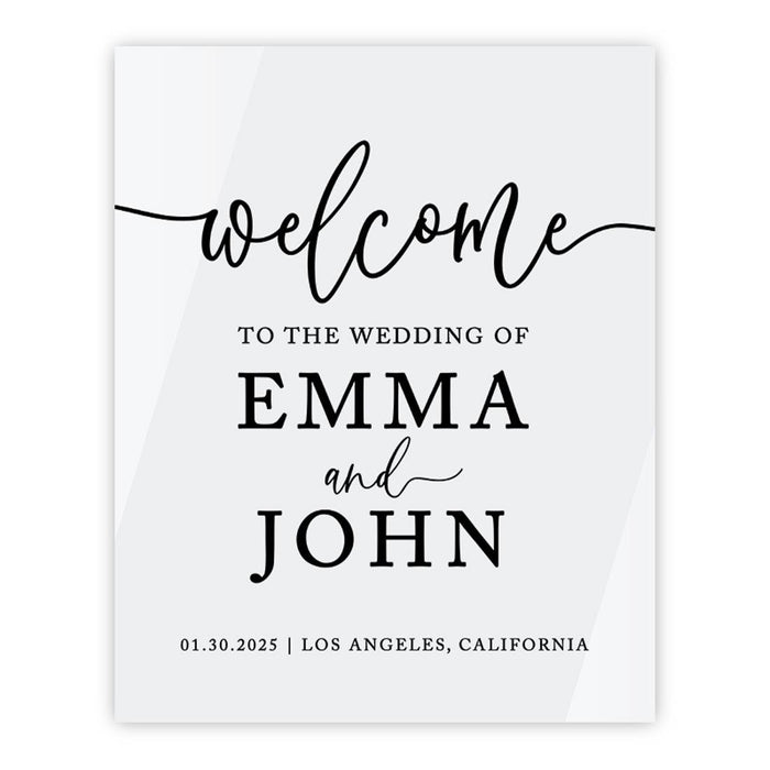 Custom Wedding Welcome Sign, Elegant White Acrylic for Reception and Ceremony, 16'' x 20'', Set of 1-Set of 1-Andaz Press-Modern Script-