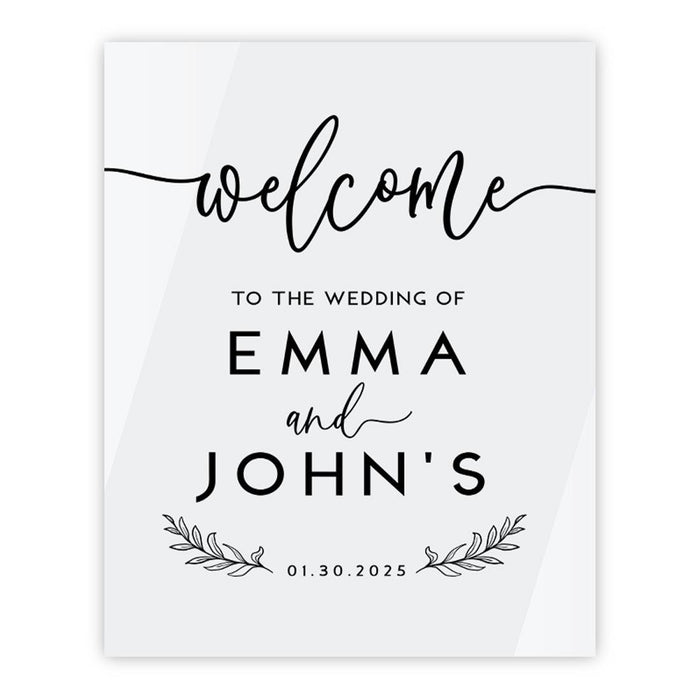 Custom Wedding Welcome Sign, Elegant White Acrylic for Reception and Ceremony, 16'' x 20'', Set of 1-Set of 1-Andaz Press-Rustic Laurel Leaves-