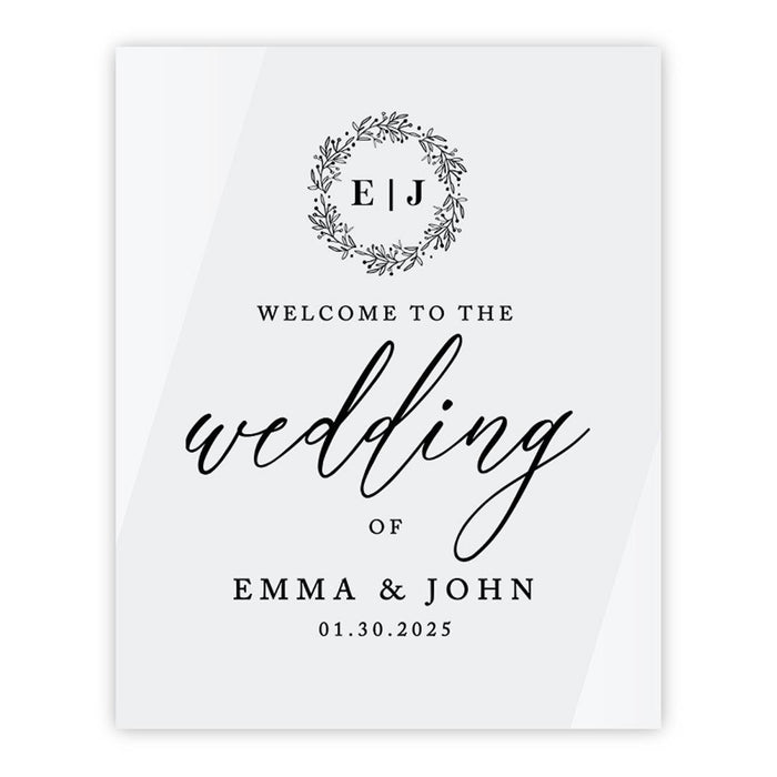 Custom Wedding Welcome Sign, Elegant White Acrylic for Reception and Ceremony, 16'' x 20'', Set of 1-Set of 1-Andaz Press-Rustic Monogram Wreath-