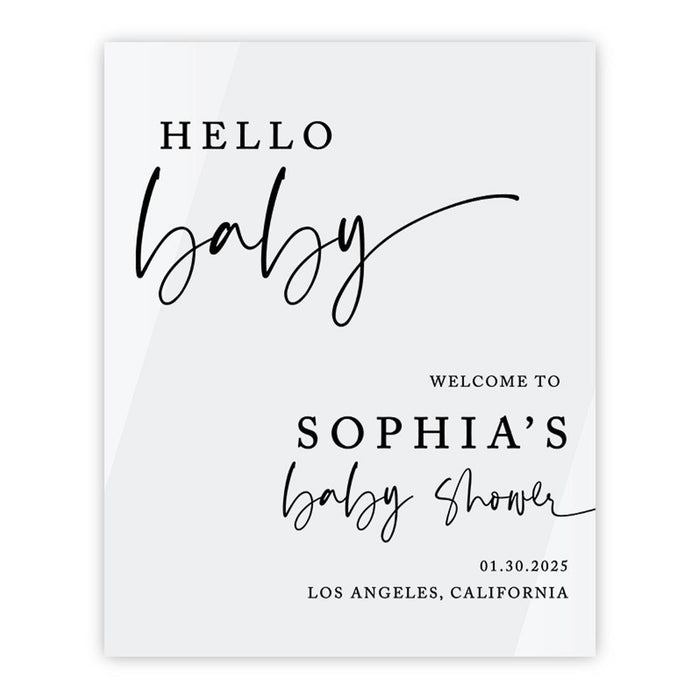 Custom White Acrylic Baby Shower Welcome Sign, Large Gender-Neutral Decorative Sign, 16 x 20 Inches-Set of 1-Andaz Press-Modern Hello Baby-