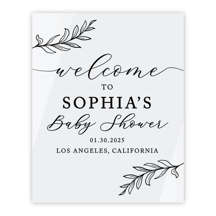 Custom White Acrylic Baby Shower Welcome Sign, Large Gender-Neutral Decorative Sign, 16 x 20 Inches-Set of 1-Andaz Press-Rustic Laurel Leaves-