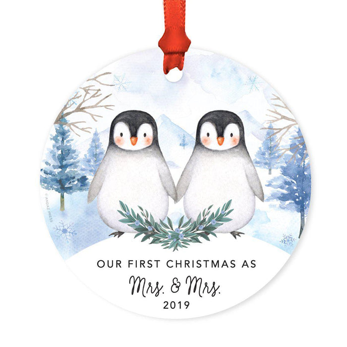 Custom Year Family Round Metal Christmas Keepsake Ornament, Watercolor Winter Penguins on Snow Design 1-Set of 1-Andaz Press-Mrs. & Mrs.-