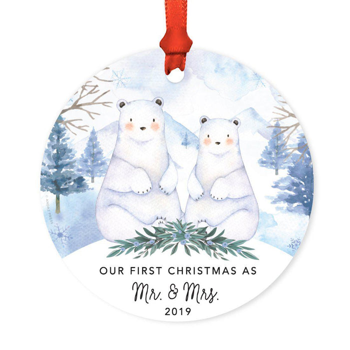 Custom Year Family Round Metal Christmas Ornament, Watercolor Winter Polar Bears on Snow Design 2-Set of 1-Andaz Press-Married-