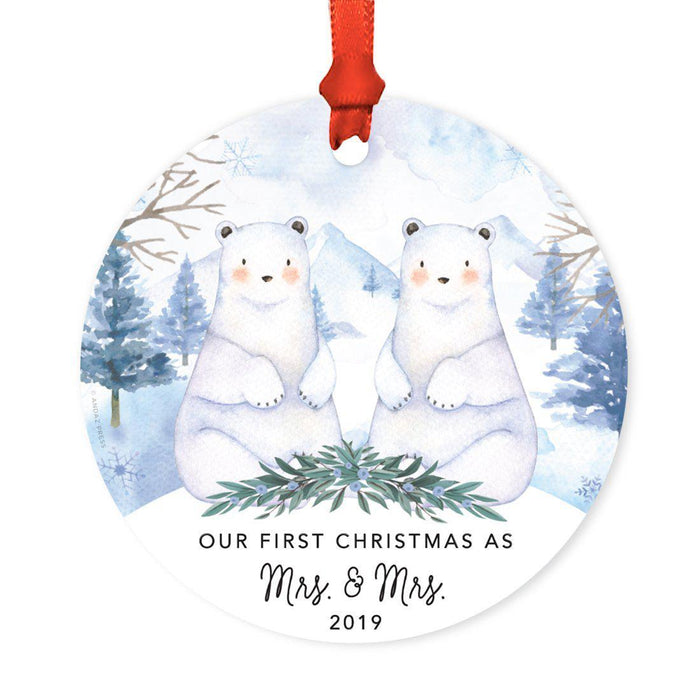 Custom Year Family Round Metal Christmas Ornament, Watercolor Winter Polar Bears on Snow Design 2-Set of 1-Andaz Press-Married-