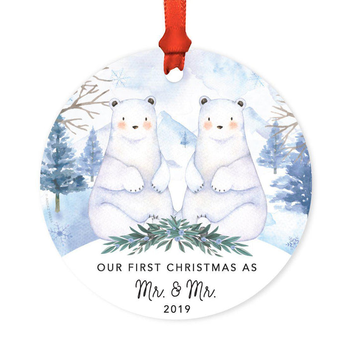 Custom Year Family Round Metal Christmas Ornament, Watercolor Winter Polar Bears on Snow Design 2-Set of 1-Andaz Press-Married-