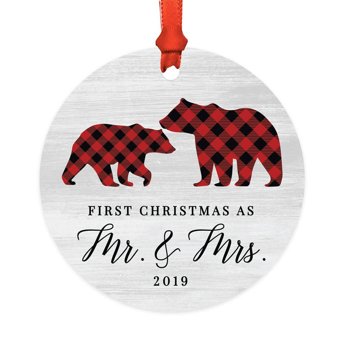 Custom Year Metal Christmas Ornament, Gray Wood | Red Buffalo Plaid Bears, Our First Christmas-Set of 1-Andaz Press-First Christmas as Mr. & Mrs.-