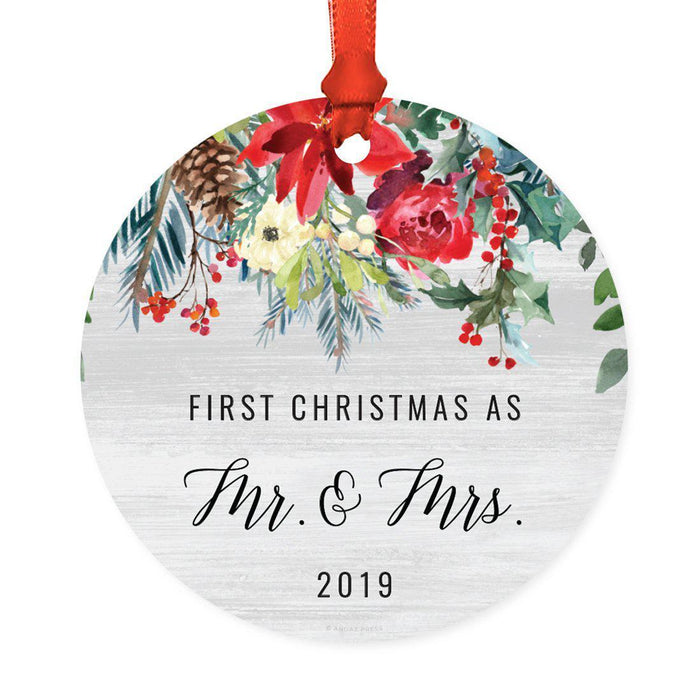 Custom Year Round Metal Christmas Ornament, Farmhouse Rustic Gray Wood Red Poinsettia Flower Acorns-Set of 1-Andaz Press-Mr. & Mrs.-