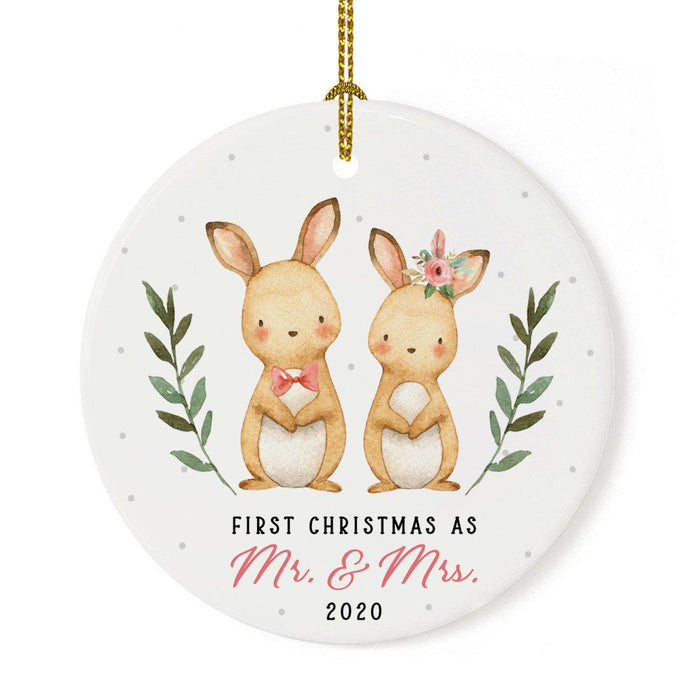 Custom Year Round Porcelain Girl Baby's Christmas Tree Ornament Gift, Watercolor Bunny Rabbit-Set of 1-Andaz Press-Baby's First Christmas-