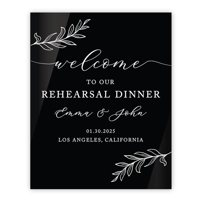 Elegant Custom Black Acrylic Welcome Sign for Wedding Rehearsal Dinner, 16'' x 20''-Set of 1-Andaz Press-Laurel Leaves-