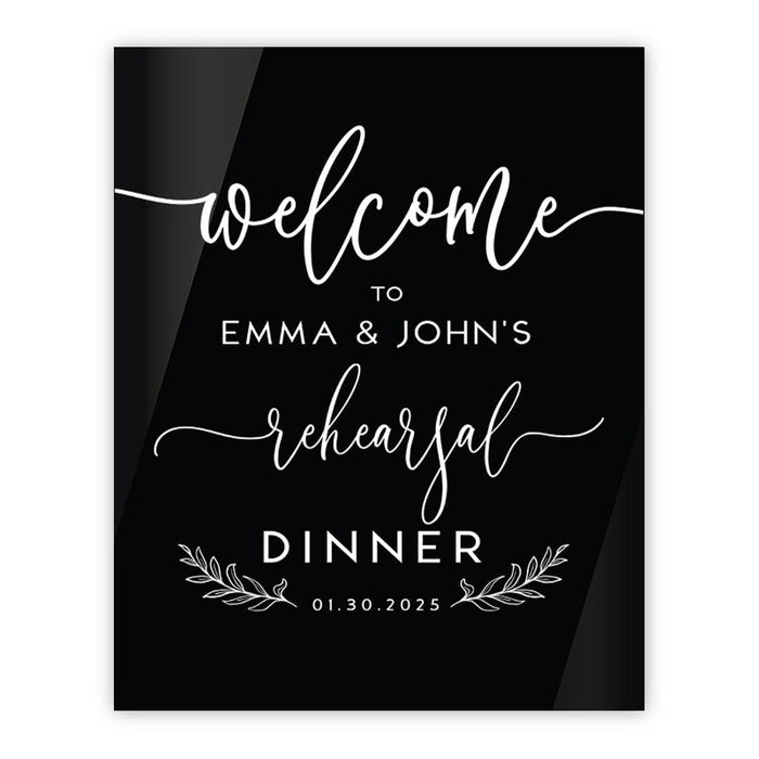 Elegant Custom Black Acrylic Welcome Sign for Wedding Rehearsal Dinner, 16'' x 20''-Set of 1-Andaz Press-Rustic Laurel Leaves-
