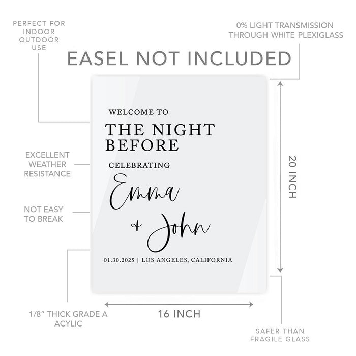 Elegant Custom White Acrylic Welcome Sign for Wedding Rehearsal Dinner, 16 x 20 Inches-Set of 1-Andaz Press-Modern Script-