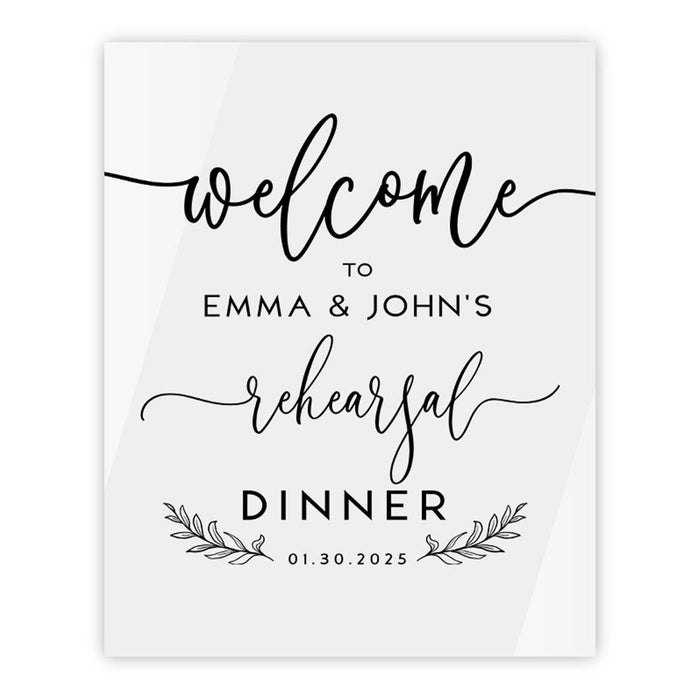 Elegant Custom White Acrylic Welcome Sign for Wedding Rehearsal Dinner, 16 x 20 Inches-Set of 1-Andaz Press-Rustic Laurel Leaves-