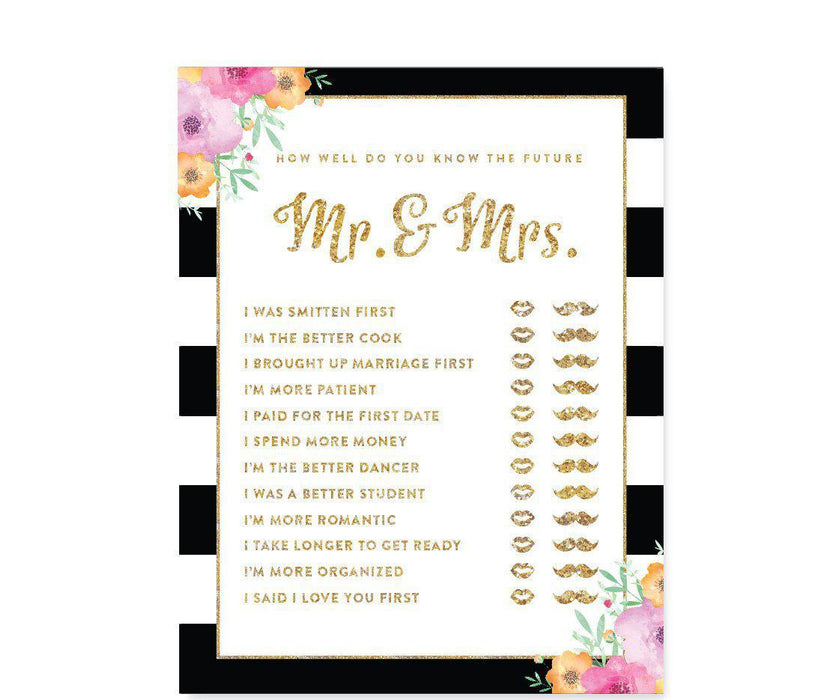Floral Gold Glitter Wedding Bridal Shower Game Cards-Set of 20-Andaz Press-How Well Do You Know The Future Mr./Mrs.?-