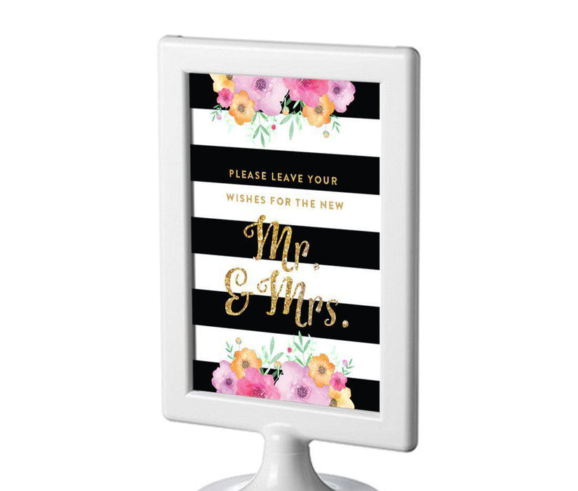 Floral Gold Glitter Wedding Framed Party Signs-Set of 1-Andaz Press-Leave Your Wishes For New Mr. & Mrs.-