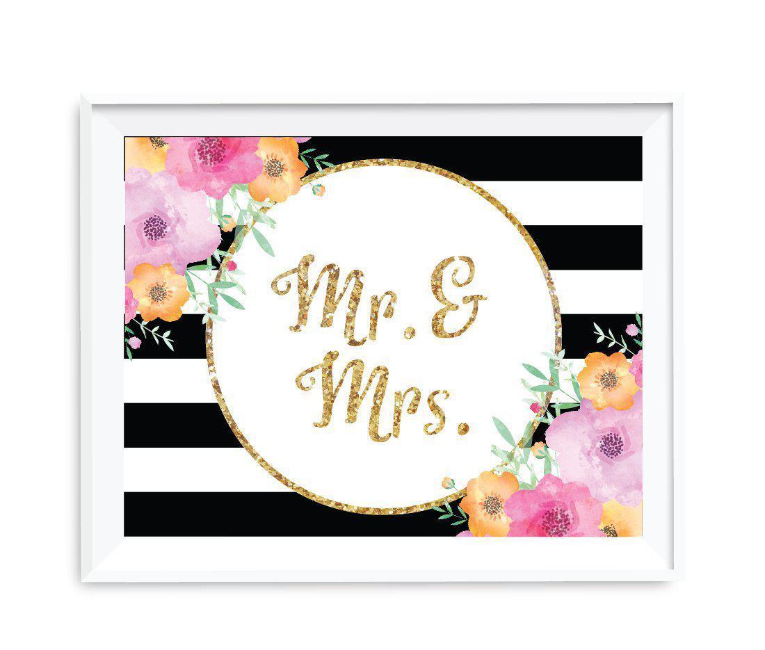 Floral Gold Glitter Wedding Party Signs-Set of 1-Andaz Press-Mr. & Mrs.-