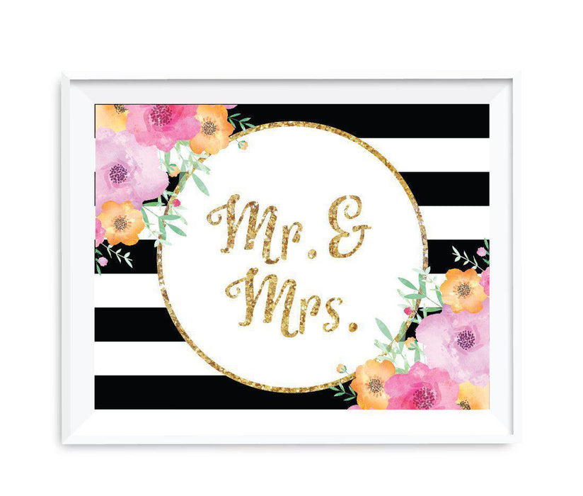 Floral Gold Glitter Wedding Party Signs-Set of 1-Andaz Press-Mr. & Mrs.-