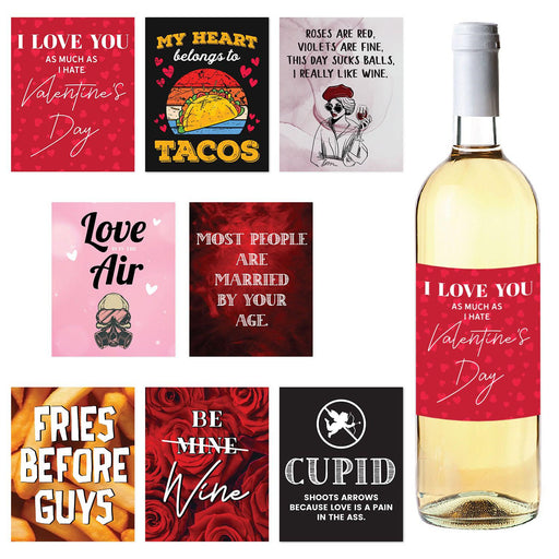 Funny Wine Bottle Labels | Galentines Day Decor, Set of 16-Set of 16-Andaz Press-Anti-Valentines Designs-