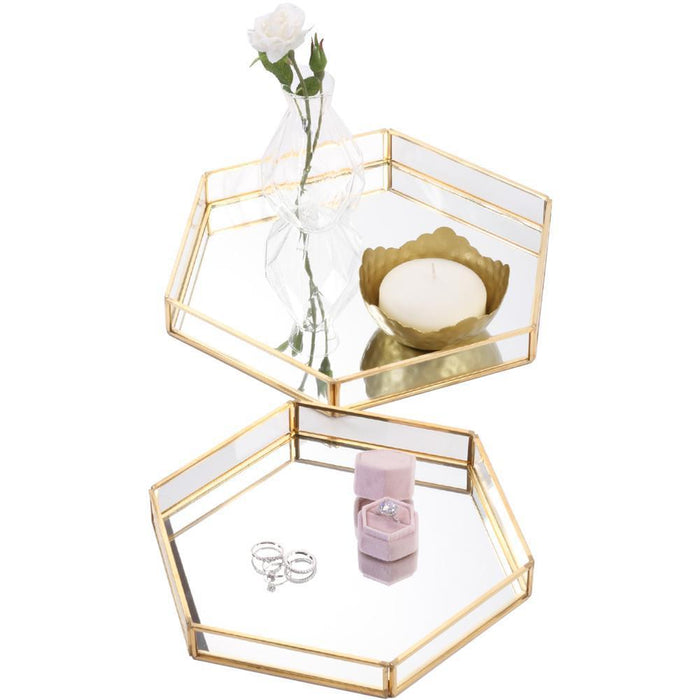 Glass Mirror Hexagonal Trays Vanity Set-Set of 2-Koyal Wholesale-Gold-