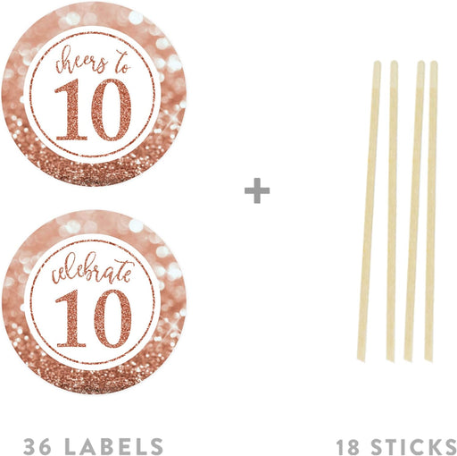 Glitzy Faux Rose Gold Glitter Round DIY Cupcake Toppers Cheers to 10 Years-Set of 20-Andaz Press-