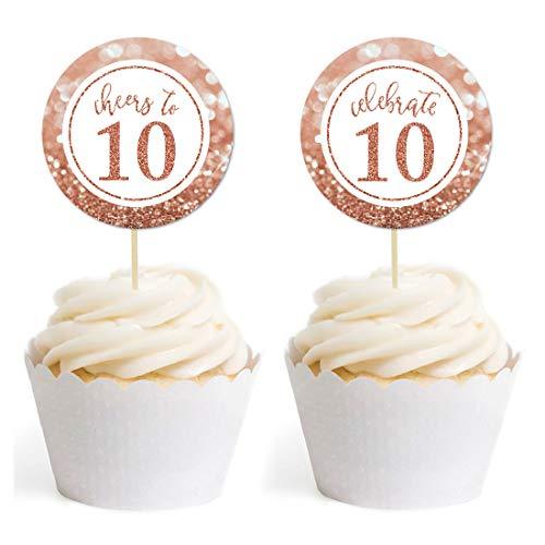 Glitzy Faux Rose Gold Glitter Round DIY Cupcake Toppers Cheers to 10 Years-Set of 20-Andaz Press-