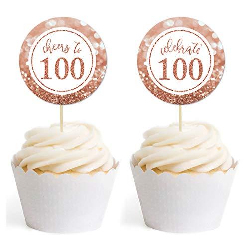 Glitzy Faux Rose Gold Glitter Round DIY Cupcake Toppers Cheers to 100 Years-Set of 20-Andaz Press-