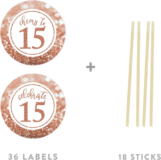 Glitzy Faux Rose Gold Glitter Round DIY Cupcake Toppers Cheers to 15 Years-Set of 20-Andaz Press-