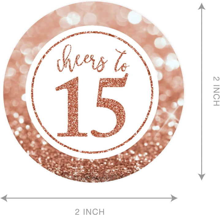 Glitzy Faux Rose Gold Glitter Round DIY Cupcake Toppers Cheers to 15 Years-Set of 20-Andaz Press-
